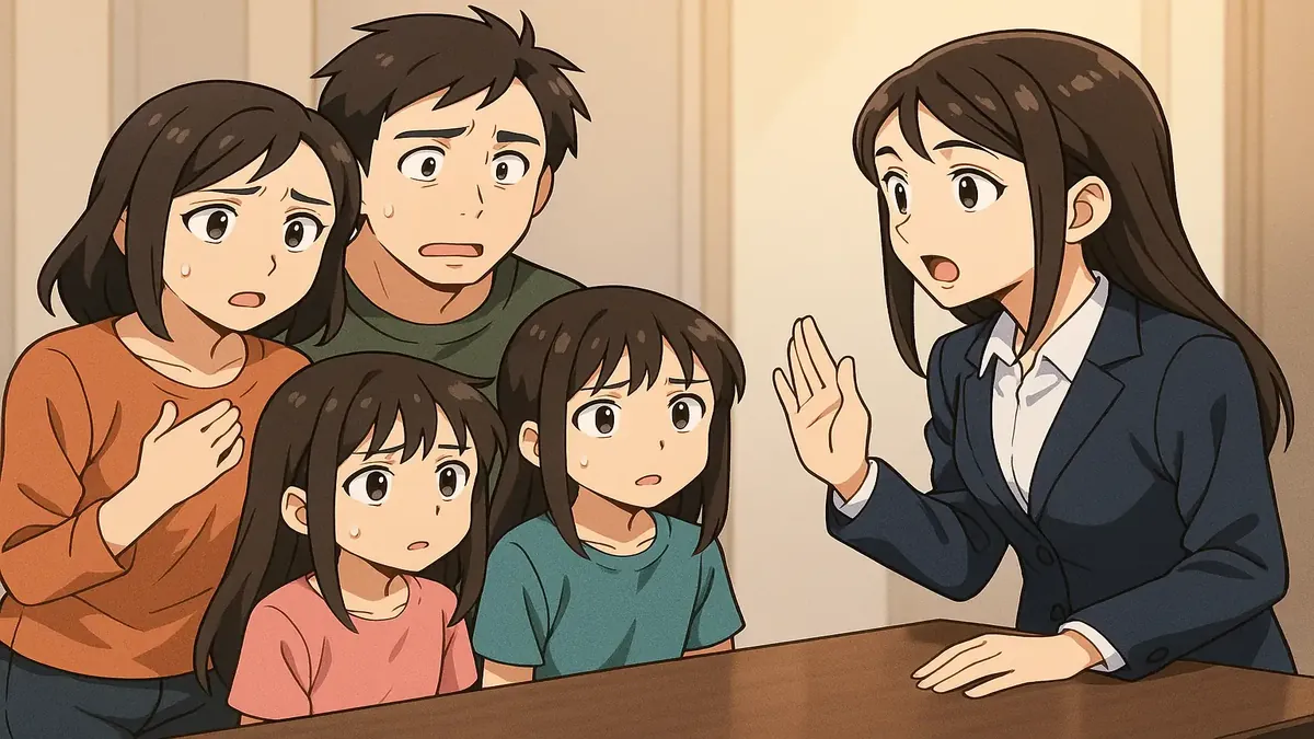 Anime-style illustration of a motel lobby with a front desk agent interacting with guests.