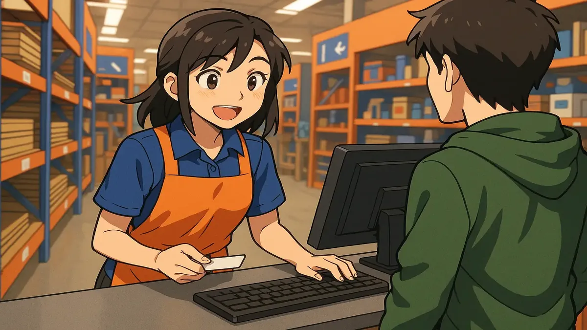 Anime-style illustration of a college student at a home improvement store's checkout counter.