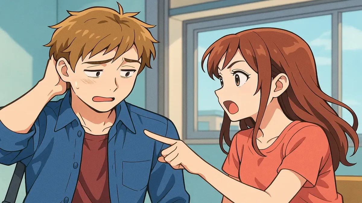 Anime illustration showing a couple discussing travel routes and transfers for work commutes.