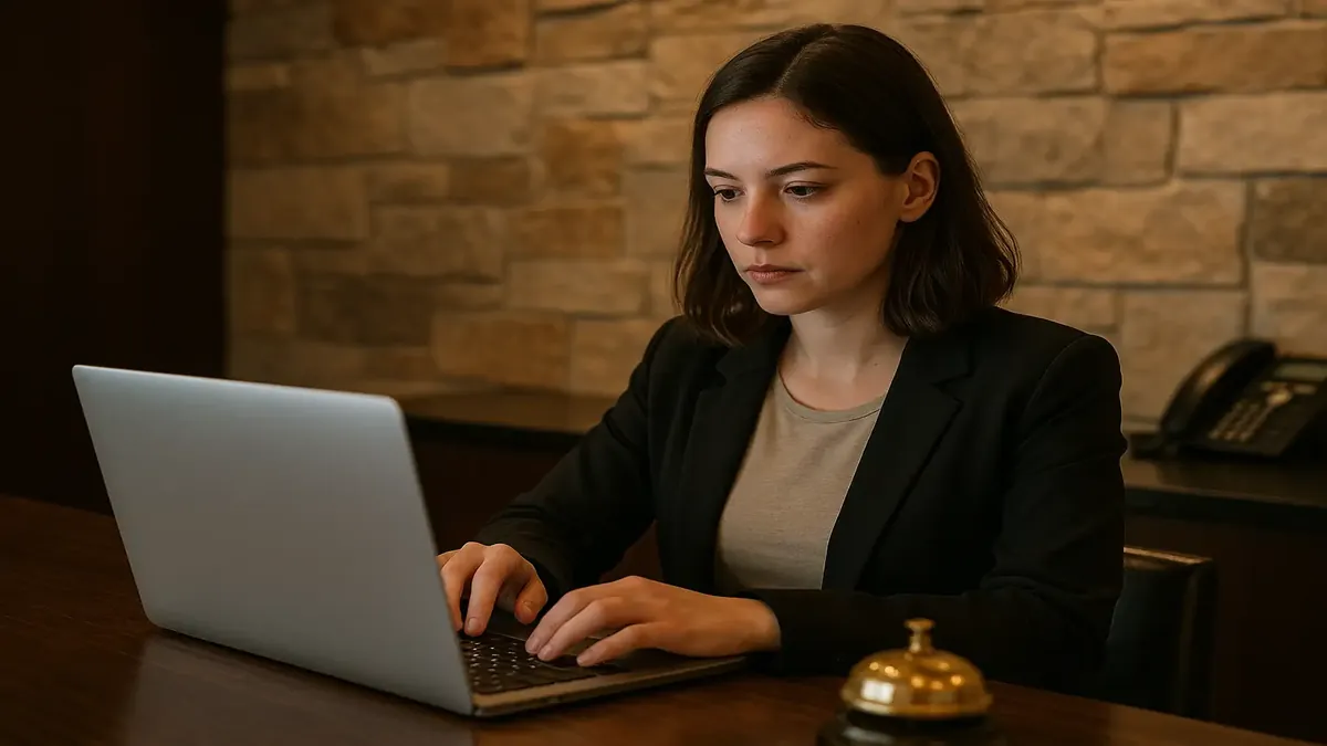 Front desk experience with third-party booking sites, showcasing a busy hotel lobby scene.
