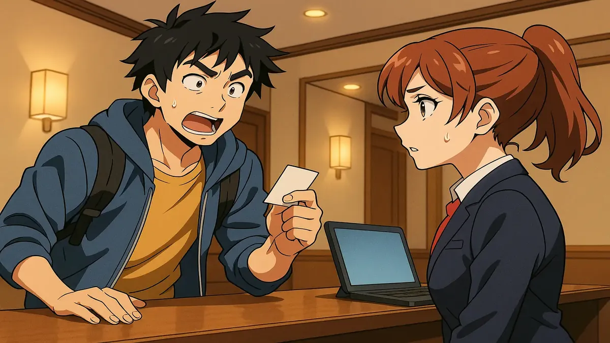 Anime illustration of a hotel front desk with a character plotting a room scam, capturing the blog's humor.