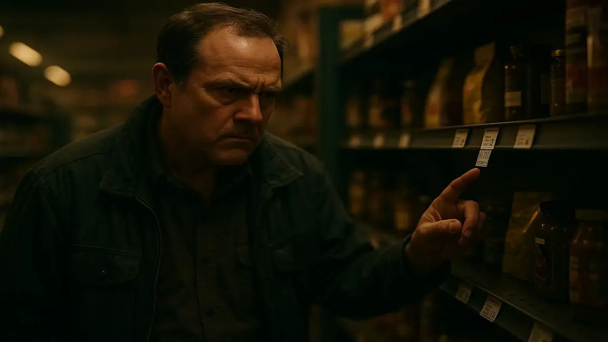 Small retail store with dramatic price tag rules and strict owner overseeing the display.