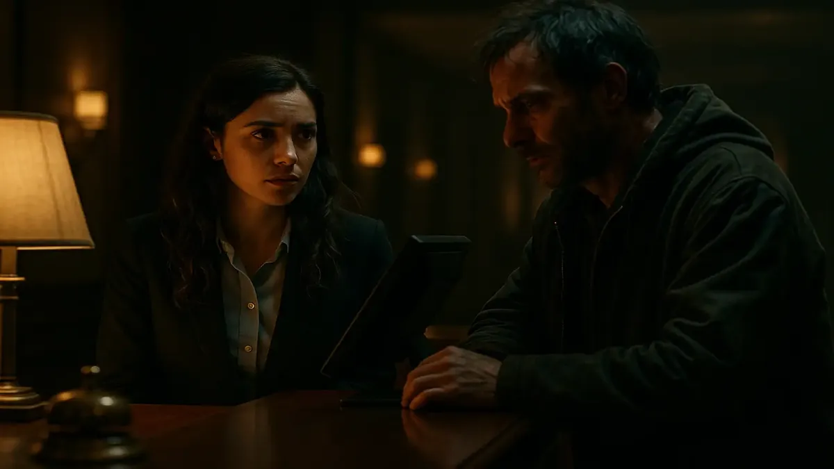 Front desk at a hotel with a stressed employee dealing with a challenging guest situation.