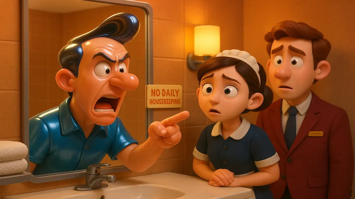 Cartoon 3D illustration of a frustrated hotel staff dealing with an entitled guest at a Brampton inn.