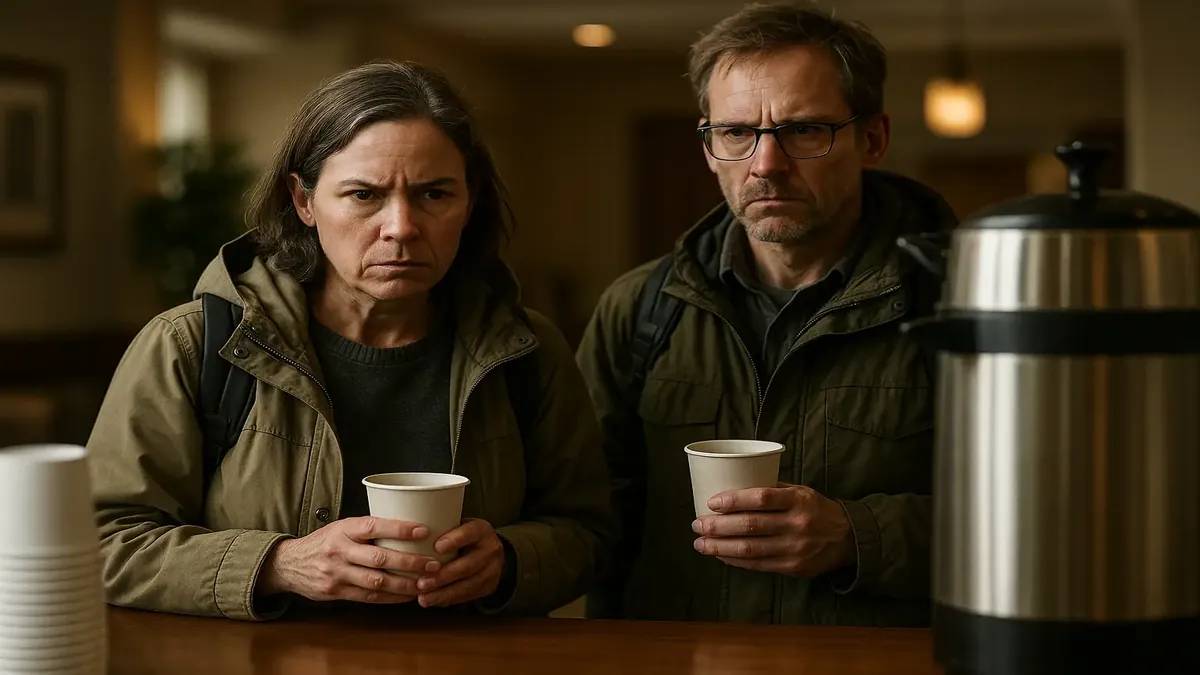 Coffee Crusaders seeking their morning brew in a hotel lobby, emphasizing the importance of free coffee.