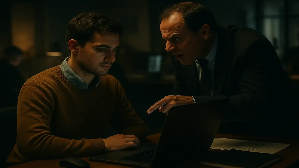 Cinematic image of a frustrated employee surrounded by distracted coworkers, reflecting micromanagement challenges.