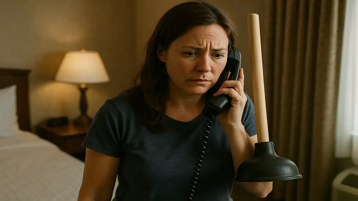 Family on spring break trip, dealing with hotel bathroom issues, photorealistic image.