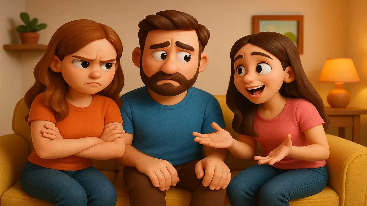 Cartoon-3D illustration of a woman confronting her boyfriend's best friend during a tense moment.