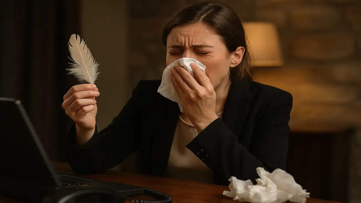 A hotel front desk with a concerned staff member, reflecting on a fake feather allergy incident.