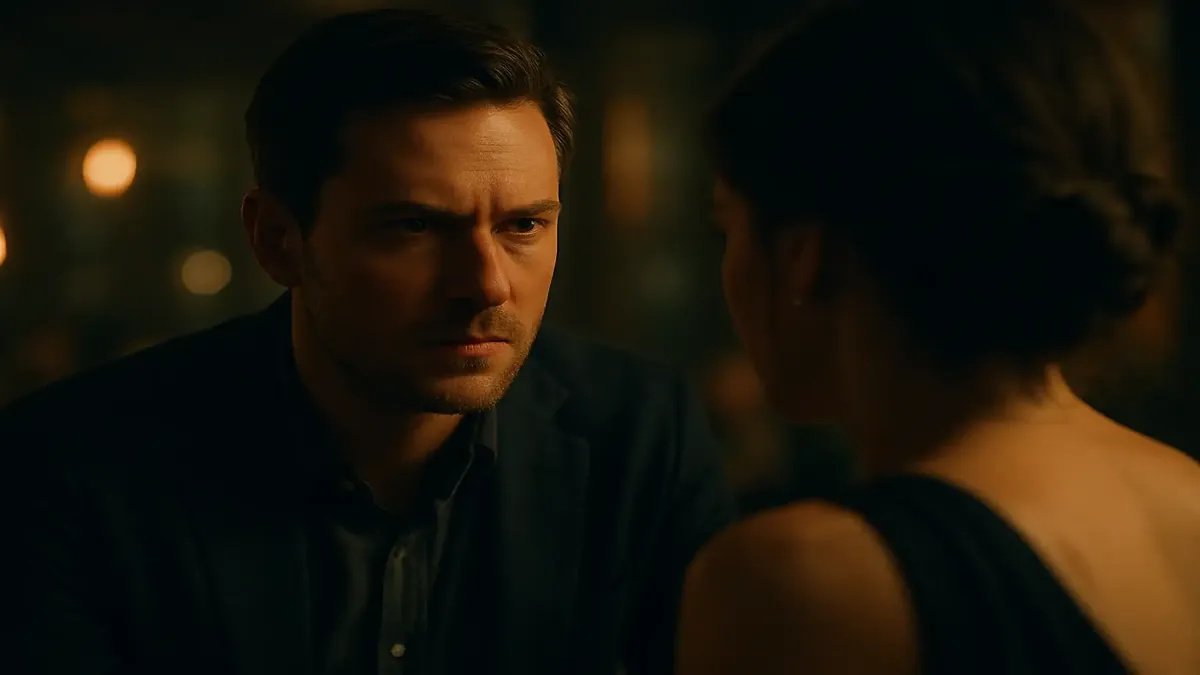 A cinematic scene depicting a tense moment between friends at a wedding reception, highlighting emotional conflict.