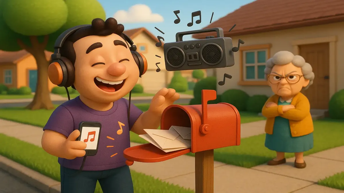 Cartoon-3D image of a mailbox with loud music notes, symbolizing neighborhood tensions and personal expression.