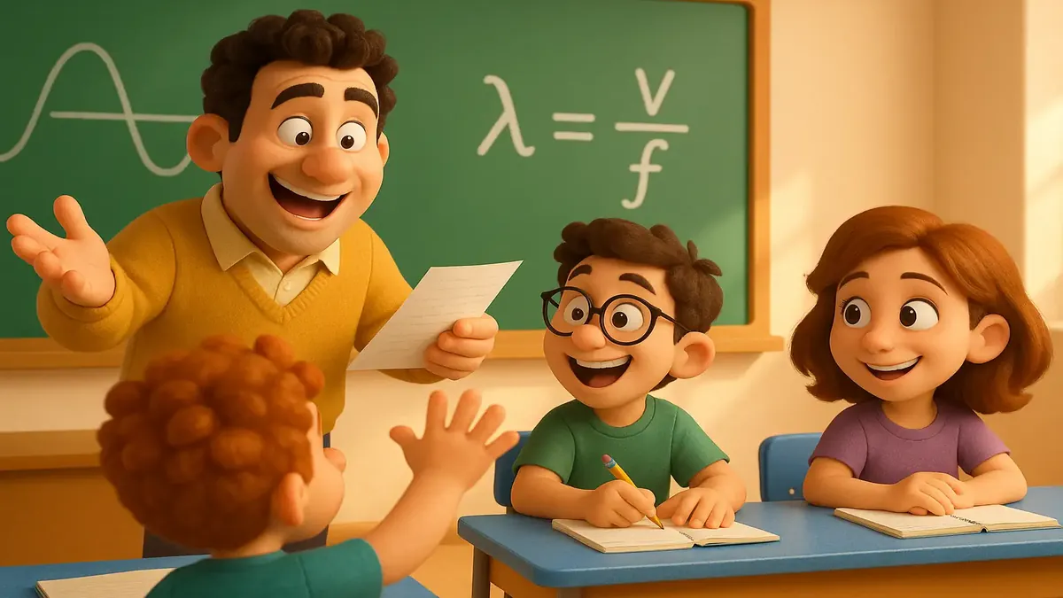 Cartoon-3D illustration of a physics classroom with students discussing wave mechanics concepts.