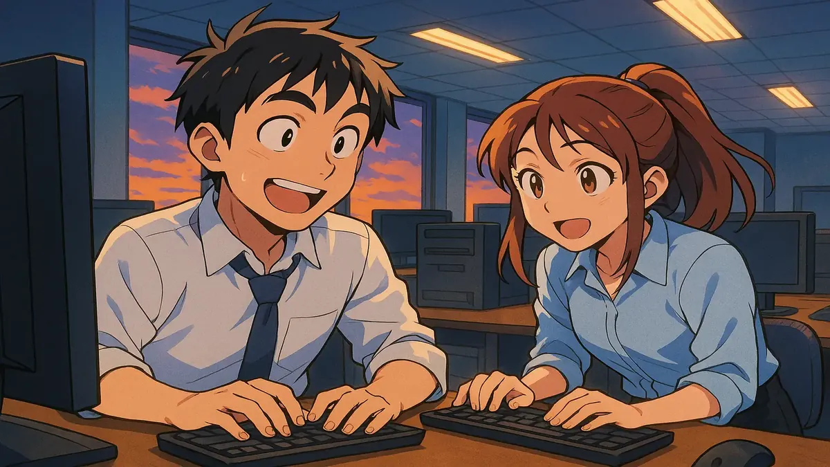 Two colleagues setting up remote access on laptops in an empty office, styled in vibrant anime art.