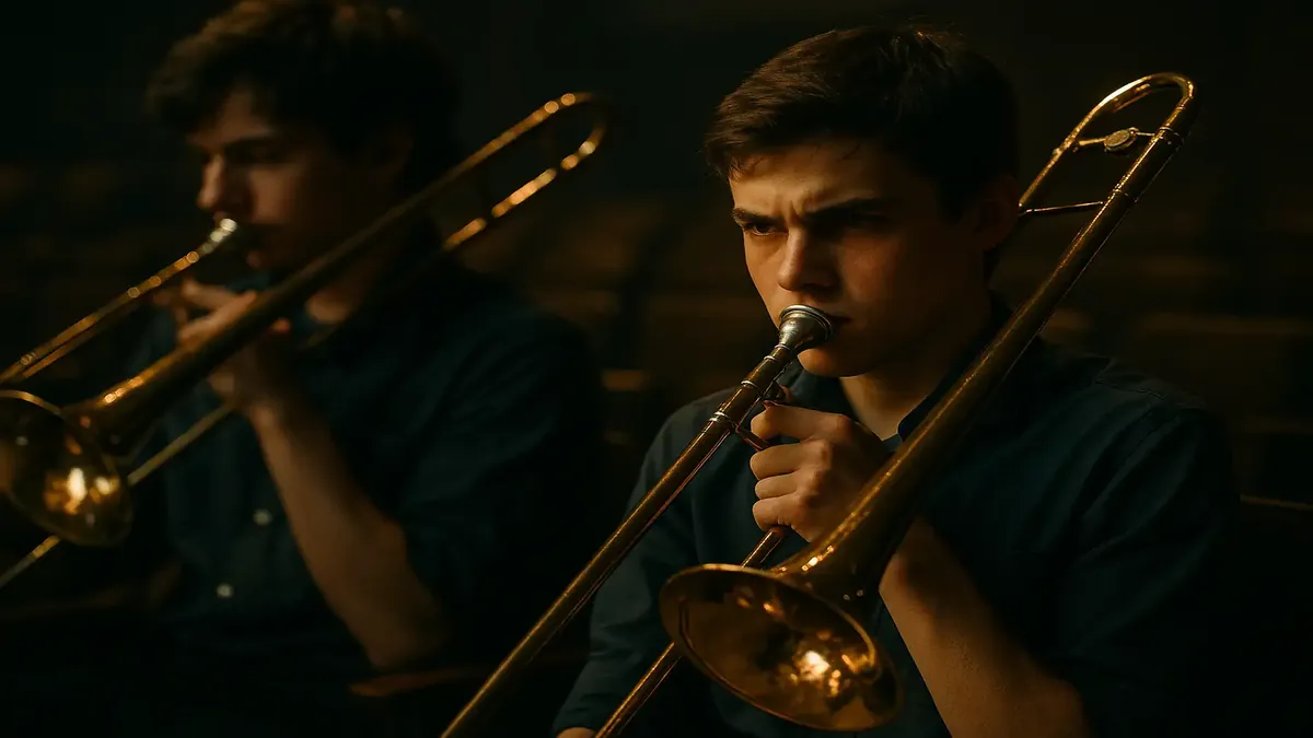 High school student triumphs in music audition, securing scholarship over competitor, cinematic style image.