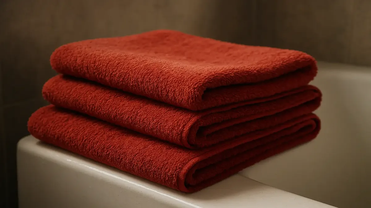 Red towels neatly arranged at a hotel front desk, reflecting a warm and welcoming atmosphere.