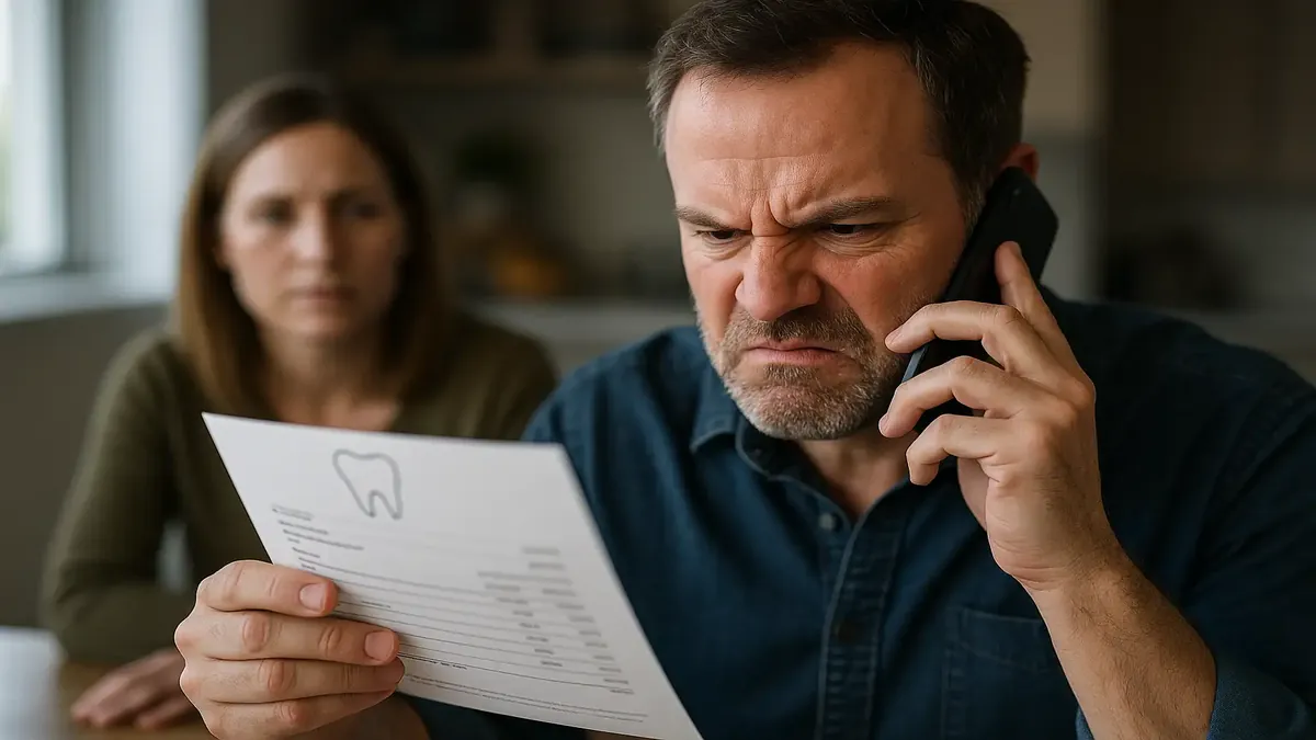Dentist billing statement confusion with a frustrated couple discussing it over the phone in a modern office.