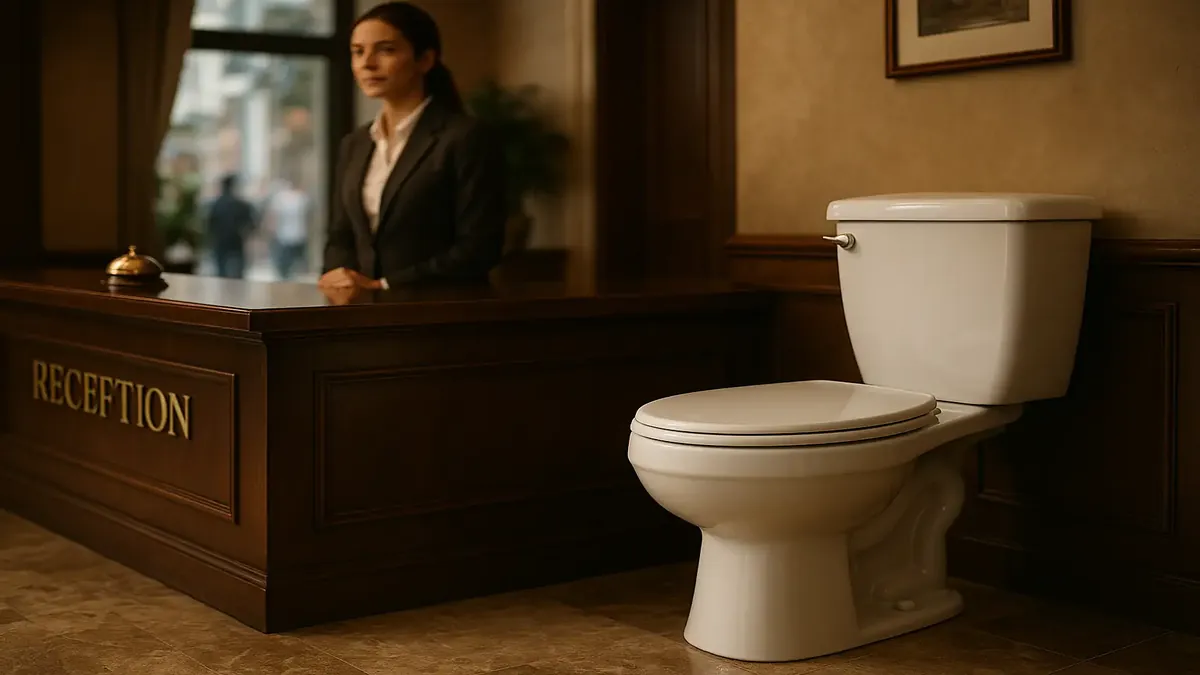 Hotel reception area without toilet, bustling with tourists and locals, highlighting cleanliness and privacy.