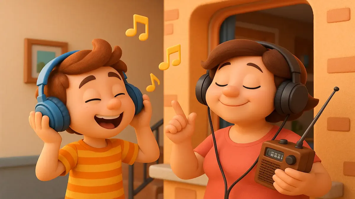 Cartoon-3D illustration of a lively apartment block with quirky neighbors and musical vibes.