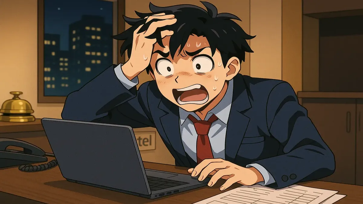 Anime illustration of a night auditor looking stressed over a reservation mix-up at a hotel front desk.