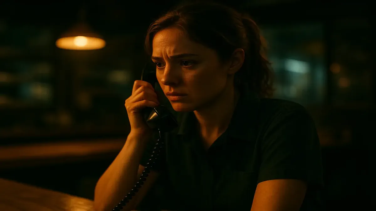 Creepy cinematic scene of a late-night phone call at work, emphasizing tension and suspense in the atmosphere.