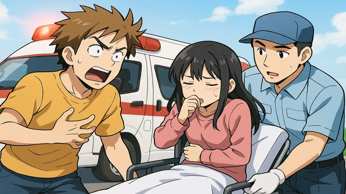 Anime illustration of a worried boyfriend calling an ambulance for flu symptoms, reflecting a lighthearted moment.