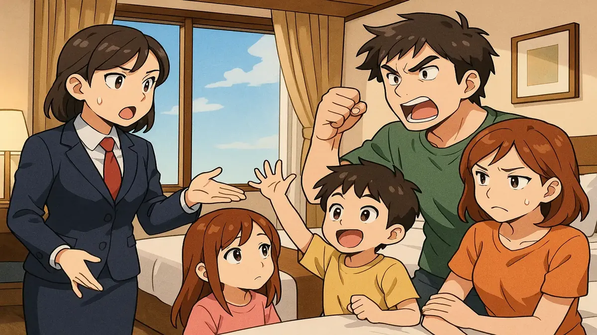 Anime illustration showing a family of 4 discussing bed types in a hotel room setting.