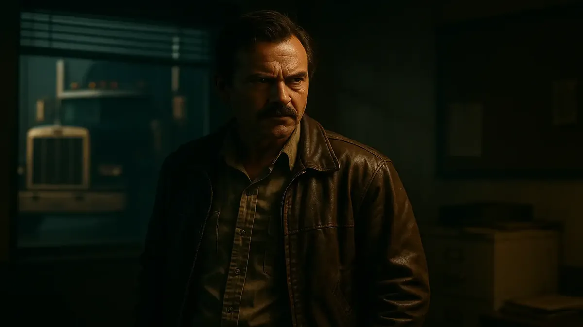 A cinematic portrayal of a young man plotting revenge against a trucking company in a nostalgic setting.