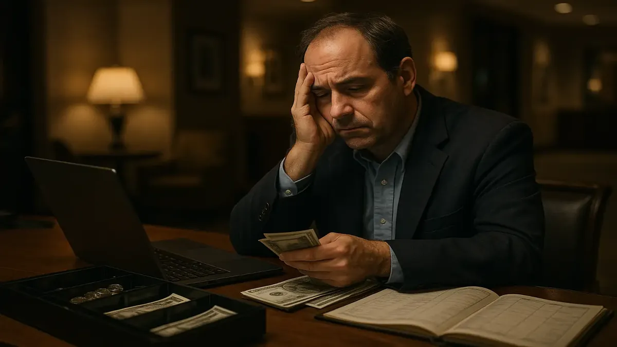 Night auditor at hotel front desk discussing till counting issues with colleagues during a shift change.