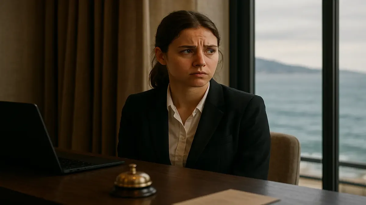 Boutique hotel with stunning sea view, showcasing the challenges of hospitality work and management dynamics.