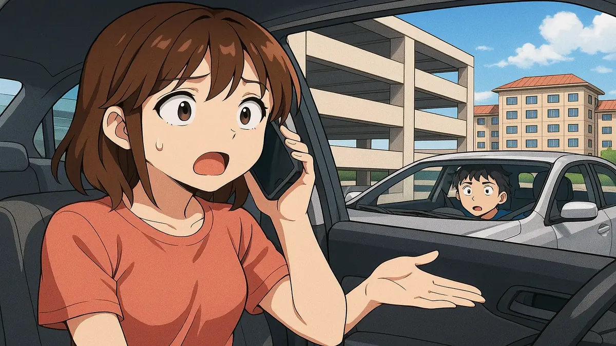 Anime illustration of a confused traveler navigating a hotel parking lot after a long drive.