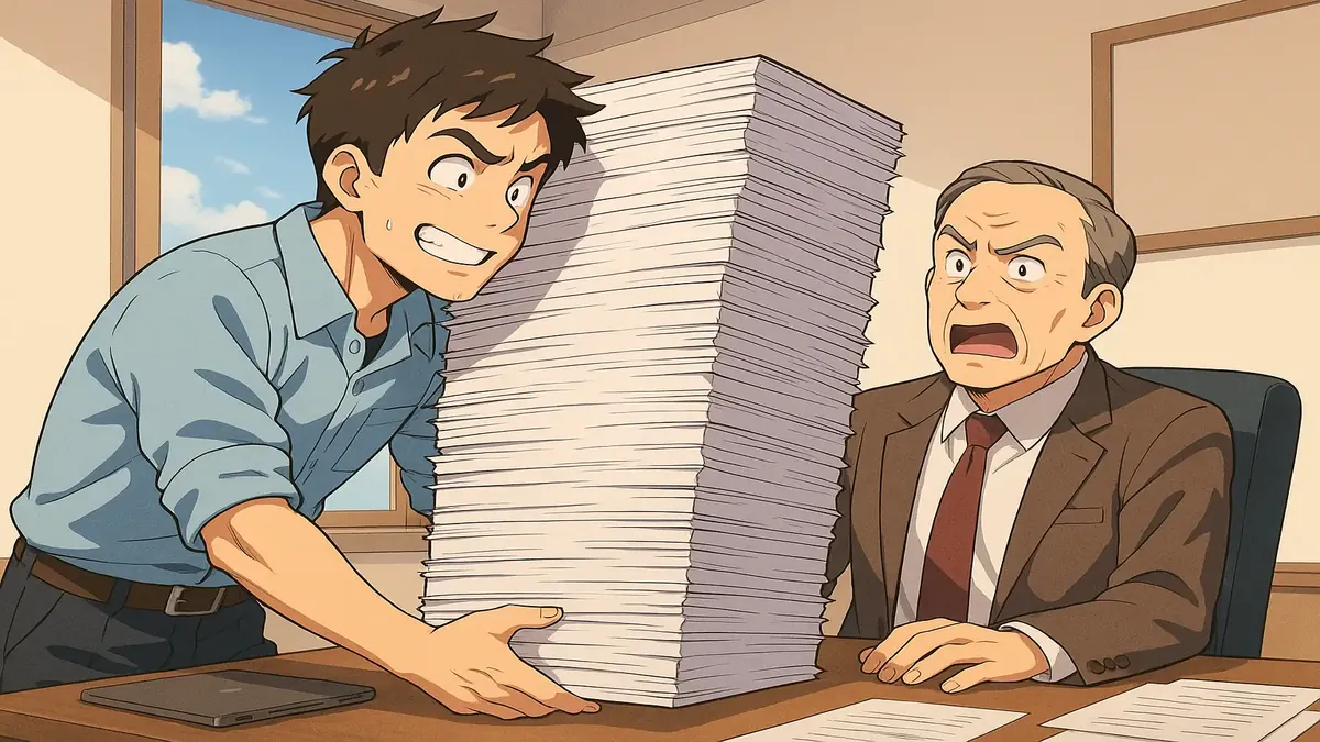 Anime-style illustration of a manager surrounded by physical logs and blueprints, showcasing old-school work methods.