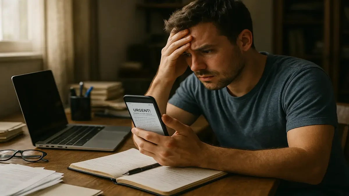 Busy office desk with urgent health-related messages and a smartphone alerting employees to interruptions.