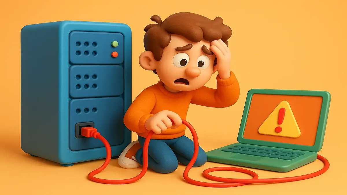 Cartoon-3D illustration of DNS servers representing network management and cloud services for split companies.