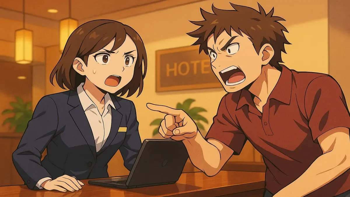 Anime-style illustration of a busy hotel reception with frustrated guests and a stressed staff member.