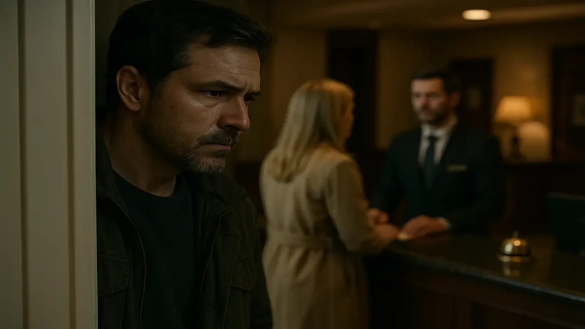 Man lurking outside hotel with a concerned expression, hinting at a tense situation involving an ex-wife.