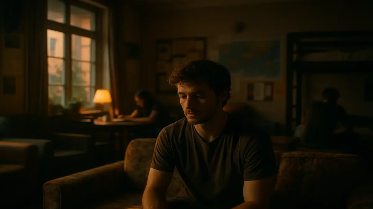 Cinematic view of a vibrant hostel atmosphere with guests socializing and enjoying their stay.