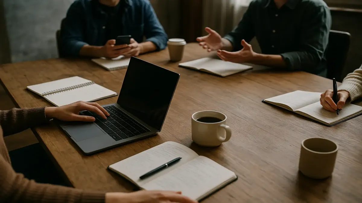 A lively discussion scene depicting diverse people sharing thoughts and questions in a welcoming environment.