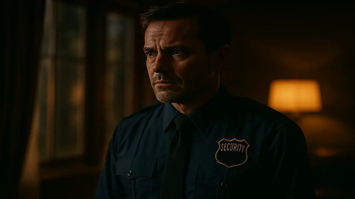 Security guard at a resort, cinematic scene depicting a mysterious phone call and intrigue.
