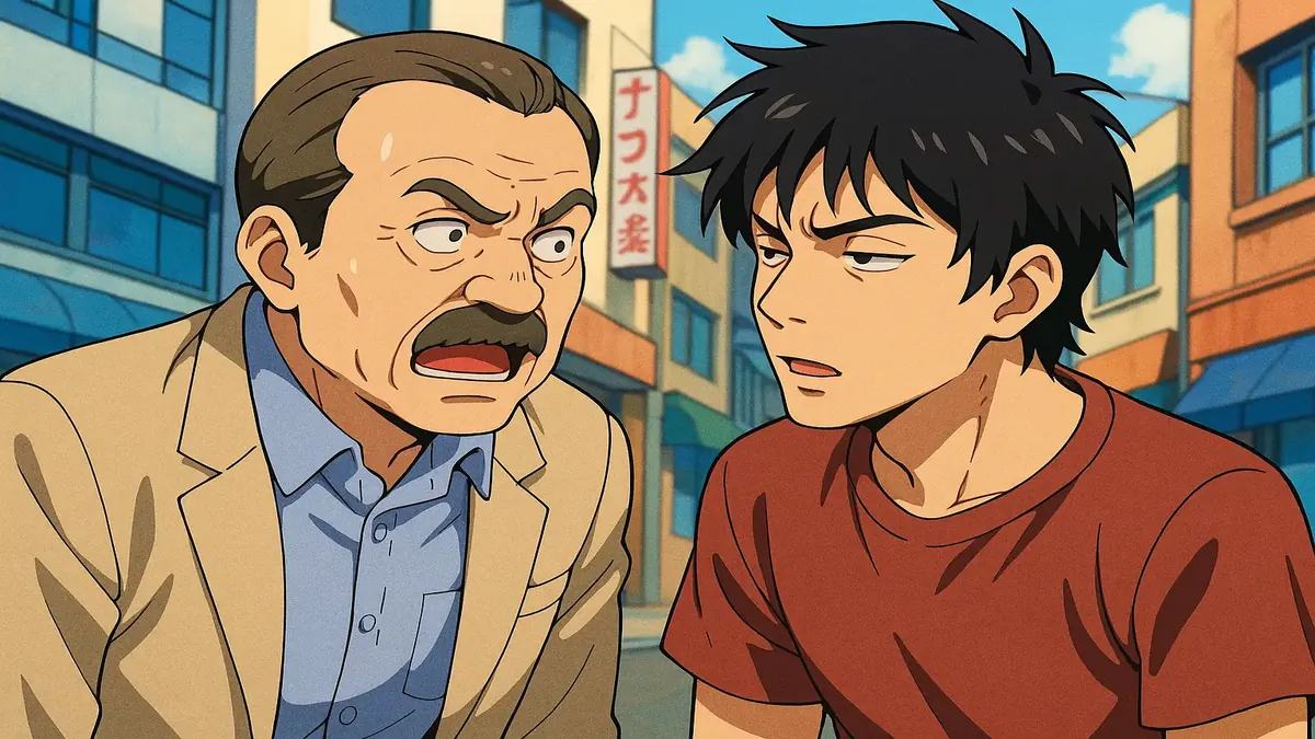 Anime illustration of a confused character struggling to understand fast-talking lips in a chaotic scene.
