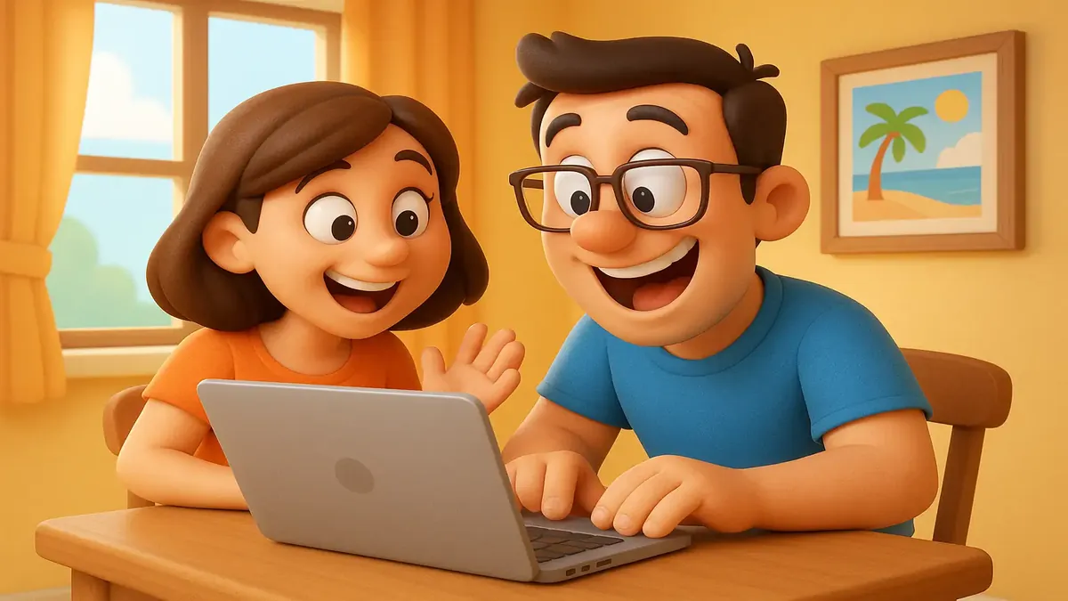 Cartoon-style 3D illustration of a couple joyfully booking travel online, reflecting the excitement of travel planning.