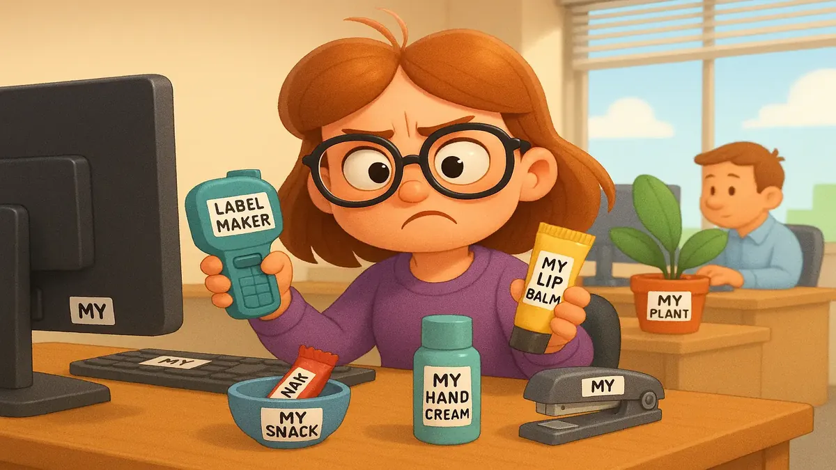 Cartoon-3D image of labeled personal items on an office desk, highlighting a humorous take on coworker boundaries.