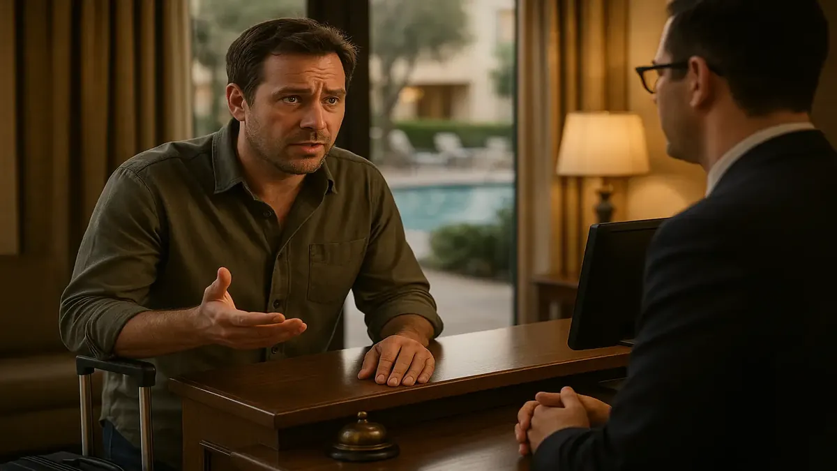 Hotel guest requesting room changes, illustrating challenges faced by staff during busy nights.