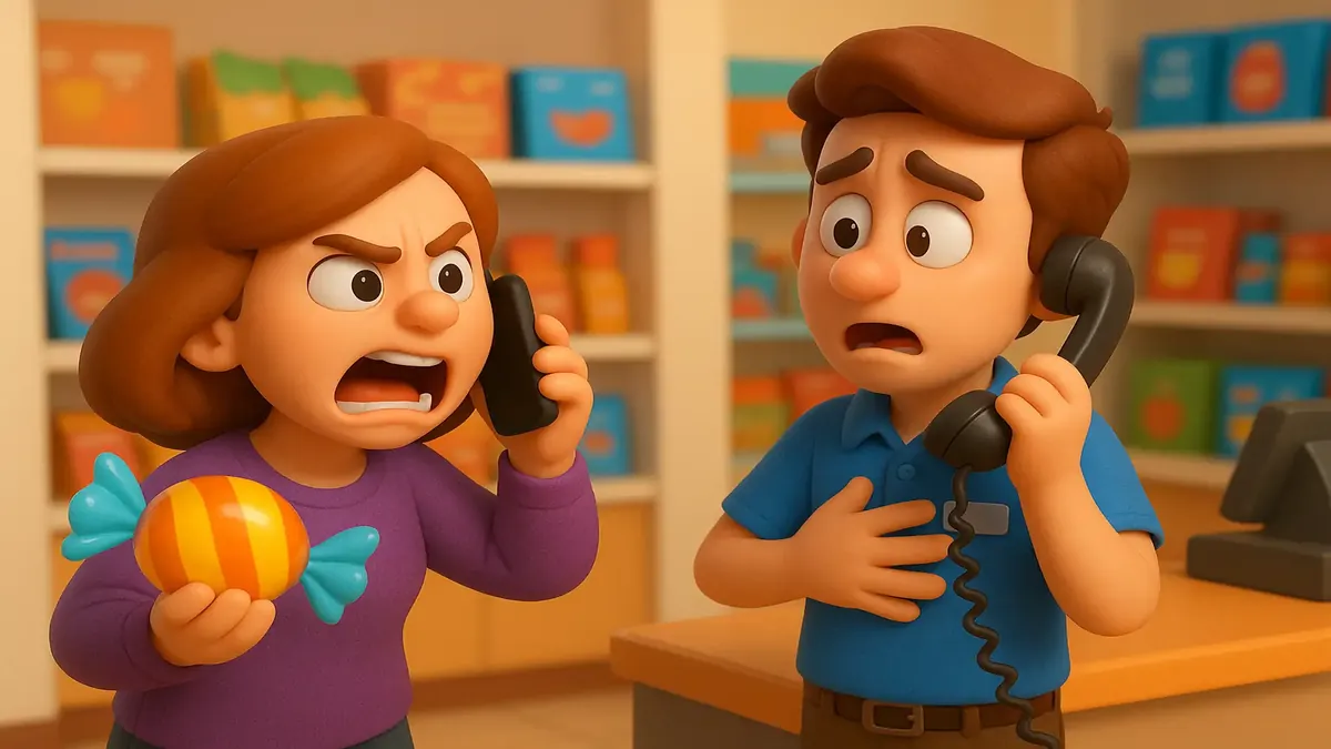 Cartoon-3D illustration of a customer calling corporate over candy at a Five Below store.