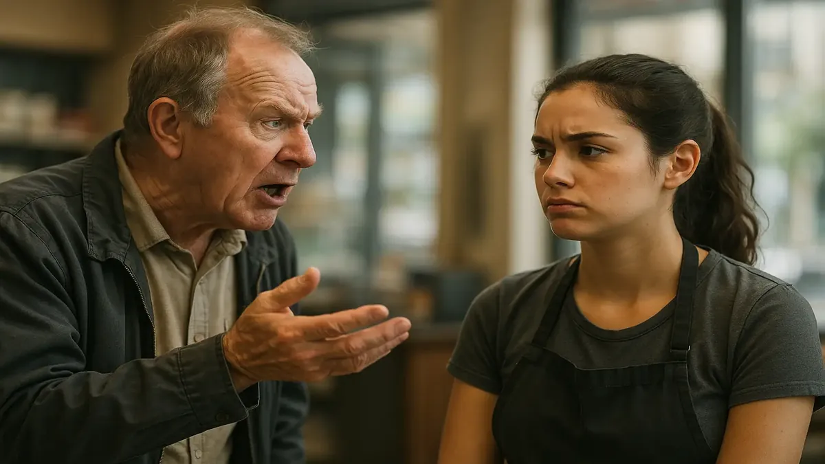 Frustrated customer complaining to a service representative over a minor issue in a photorealistic setting.