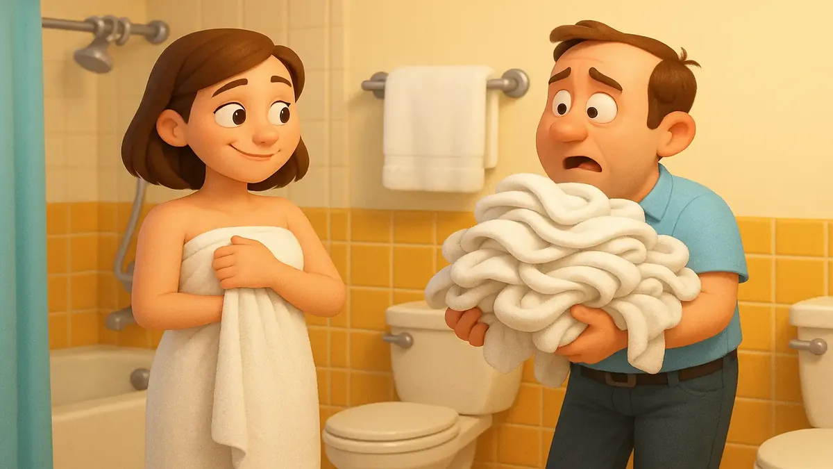 Cartoon 3D illustration of hotel towels piled up, highlighting the waste of single-use towel practices.