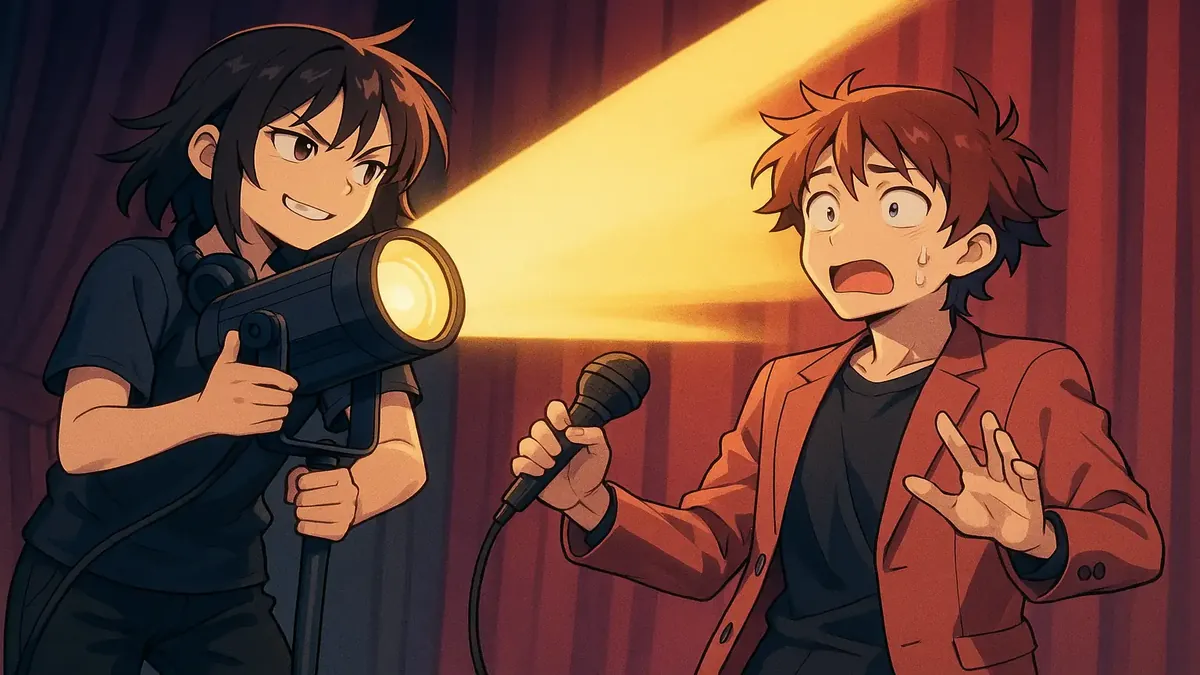 Anime-style illustration of a stage technician preparing for a music event, showcasing a spotlight and sound equipment.