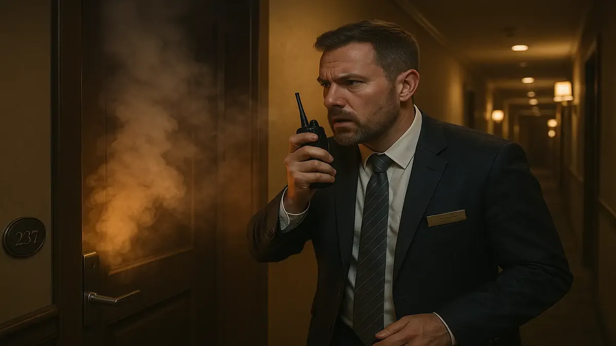 Guest in a hotel room reporting smoke smell, urgent call to action at night, suspenseful atmosphere.