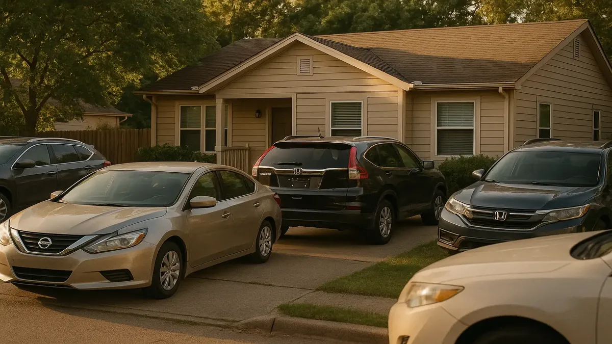 Overflow parking at home in a small neighborhood with multiple cars and family members interacting.