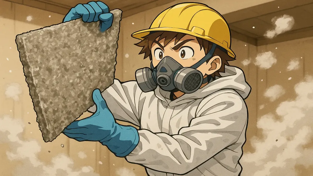 Anime illustration of a restoration expert using asbestos in a construction project, showcasing expertise and teamwork.