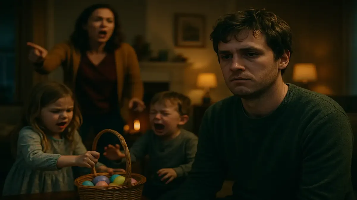 Kevin hiding Easter presents in a chaotic scene with family members searching in a cinematic style.